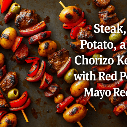 Steak, Potato, and Chorizo Kebabs with Red Pepper Mayo Recipe