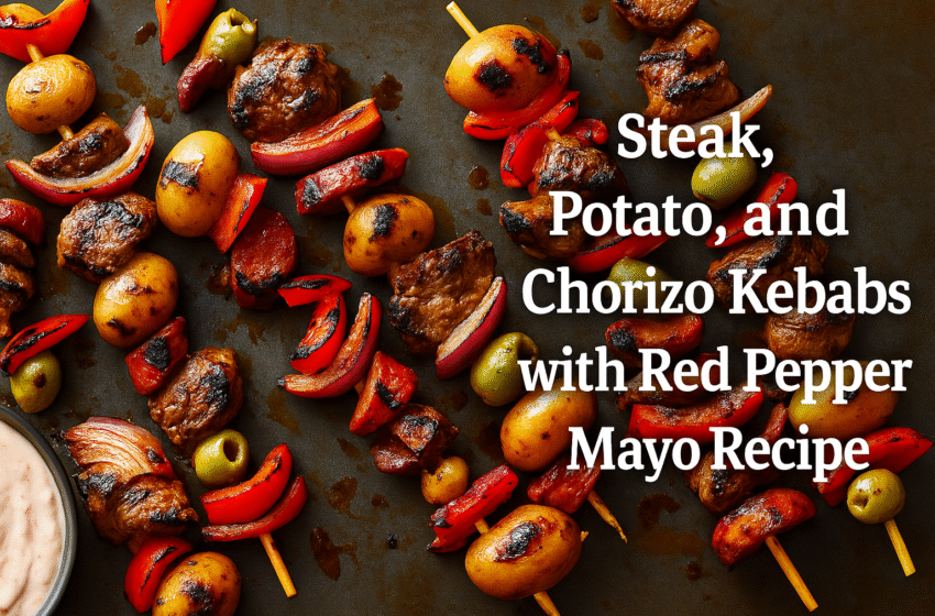 Steak, Potato, and Chorizo Kebabs with Red Pepper Mayo Recipe